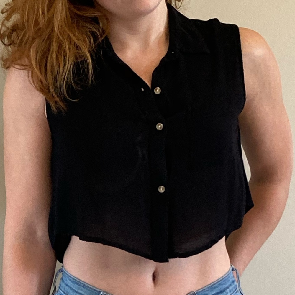 Black semi-sheer button up collared crop top